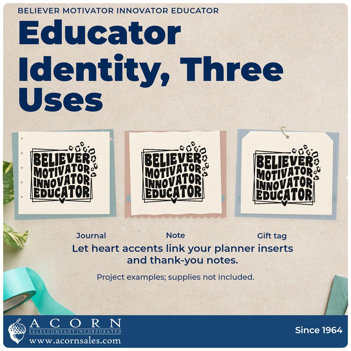 Three project examples made with the Believer Motivator Innovator Educator With Hearts Pre-Inked Stamp – Slim, including print tub labels.
