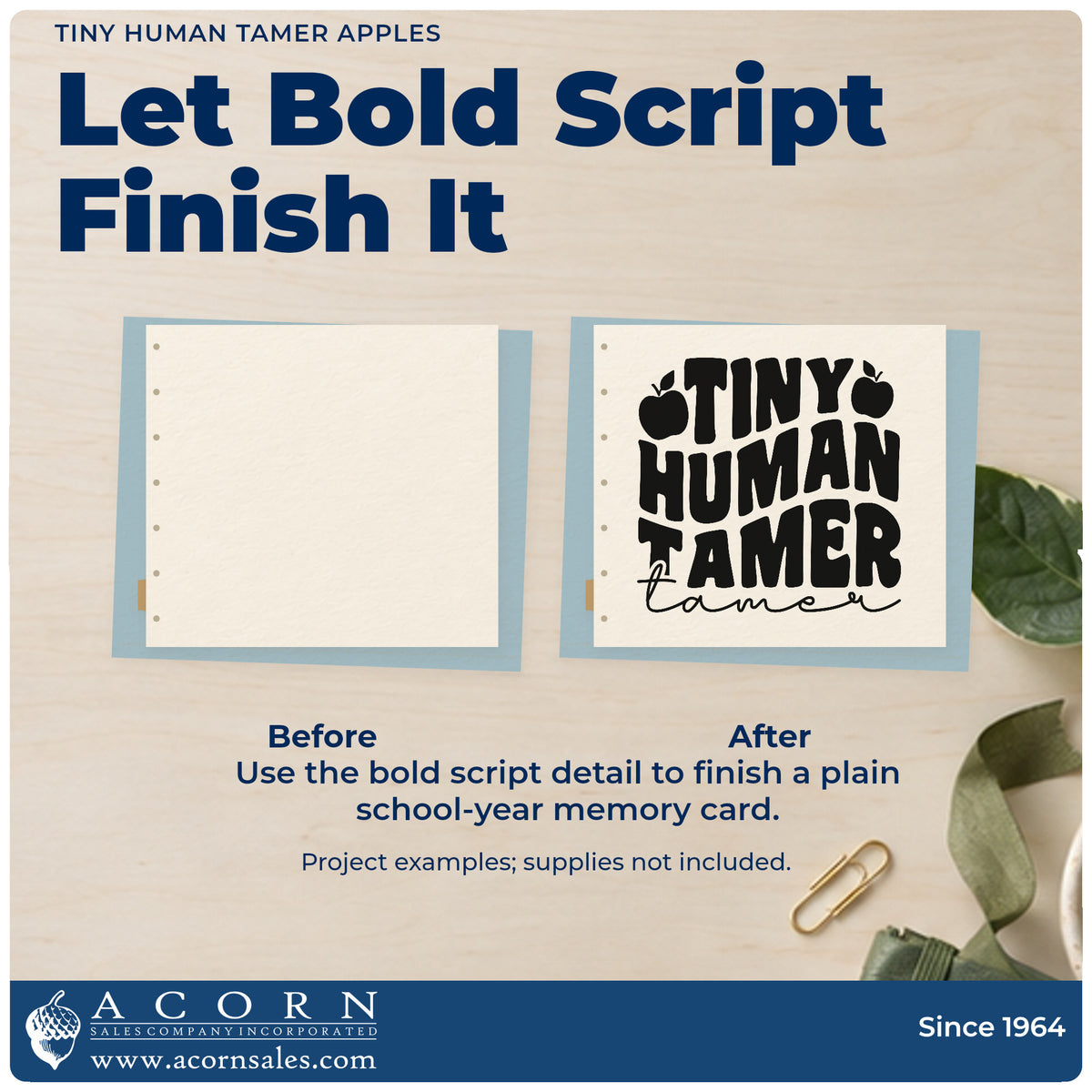 Before and after of a plain item finished with the Tiny Human Tamer Apples Self-Inking Stamp, a quick upgrade for party bag seals.