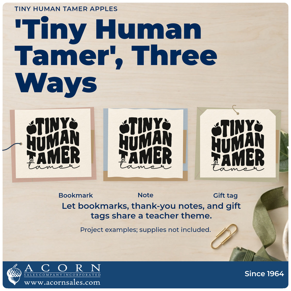 Three project examples made with the Tiny Human Tamer Apples Self-Inking Stamp, including ball pit labels.