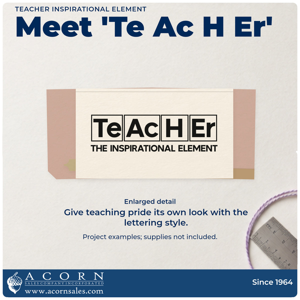 Enlarged detail of the Inspirational Teacher Element Design Rubber Stamp – Duo Hand imprint. “Te Ac H Er” appears in periodic-table-style boxes above “The Inspirational Element.”
