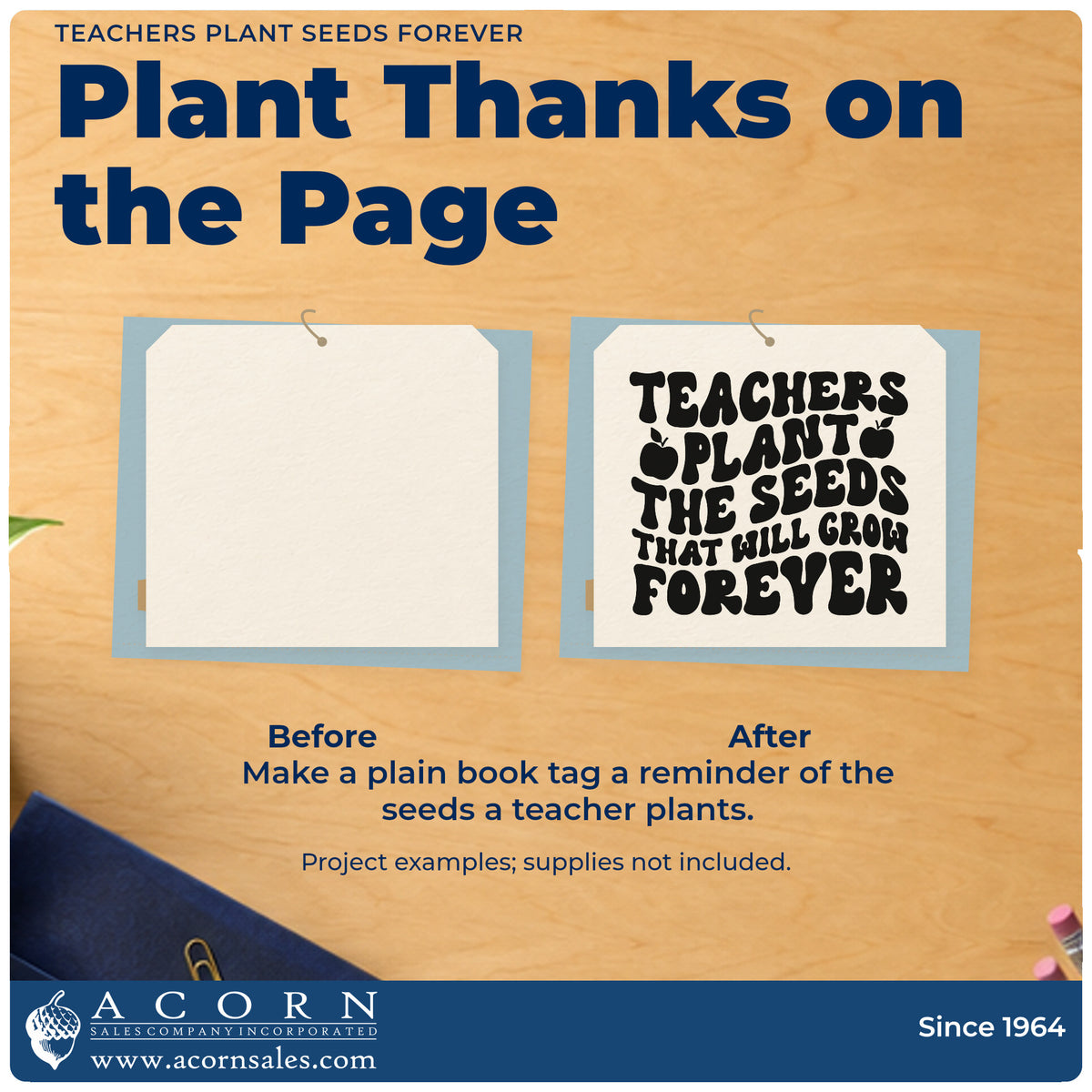 Before and after of a plain item finished with the Pre-Inked Teachers Plant The Seeds That Will Grow Forever Stamp – PSI, a quick upgrade for seed packet seals.