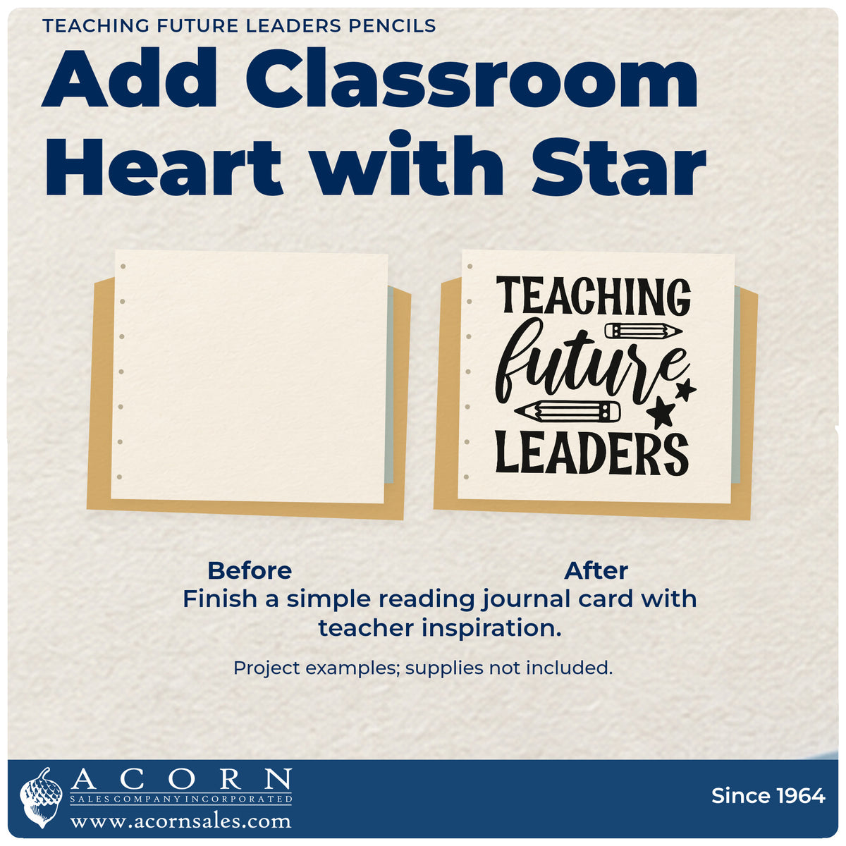 Before and after of a plain item finished with the Teaching Future Leaders Pencils Rubber Stamp – Duo Hand, a quick upgrade for minutes pack seals.