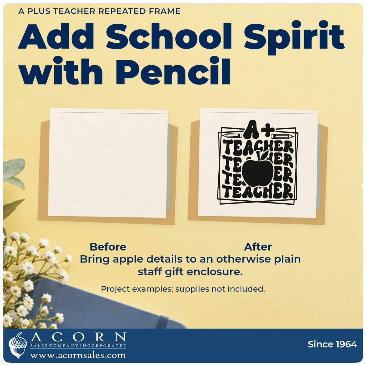 Before and after of a plain item finished with the A Plus Teacher Repeated Framed Lettering Self-Inking Stamp, a quick upgrade for paper pack seals.