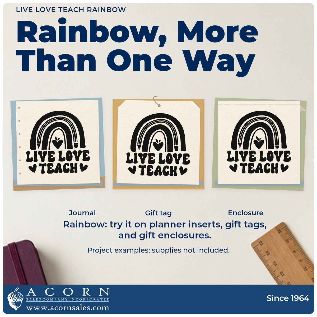 Three project examples made with the Live Love Teach Rainbow Rubber Stamp – Duo Hand, including crayon tub labels.