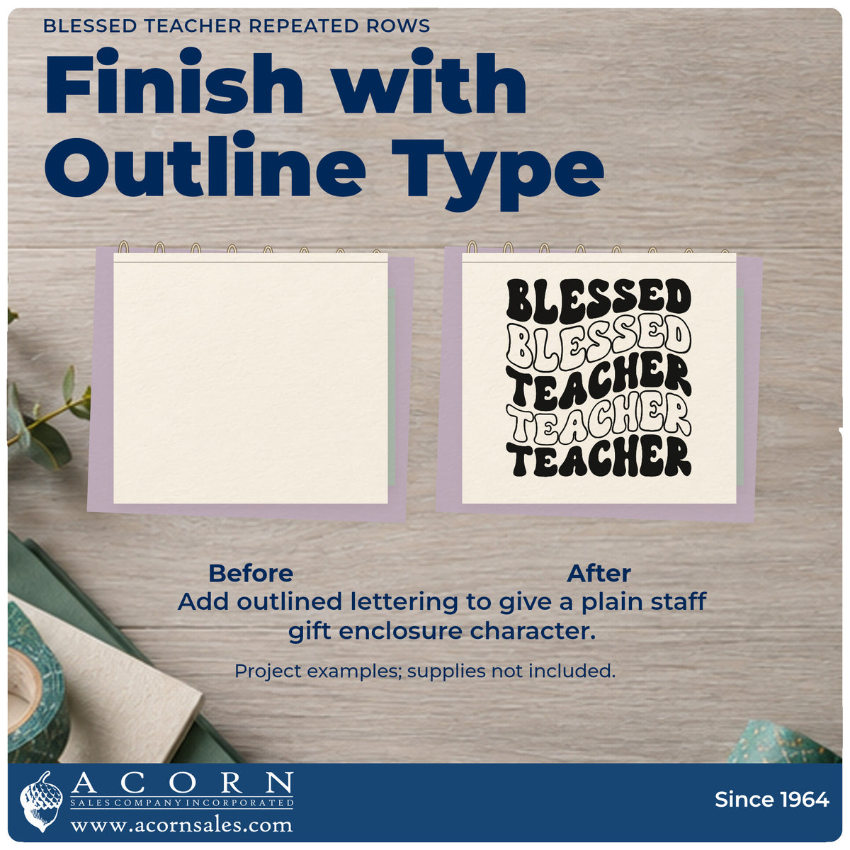 Before and after of a plain item finished with the Blessed Teacher Repeated Rows Outline Detail Self-Inking Stamp, a quick upgrade for order fold seals.
