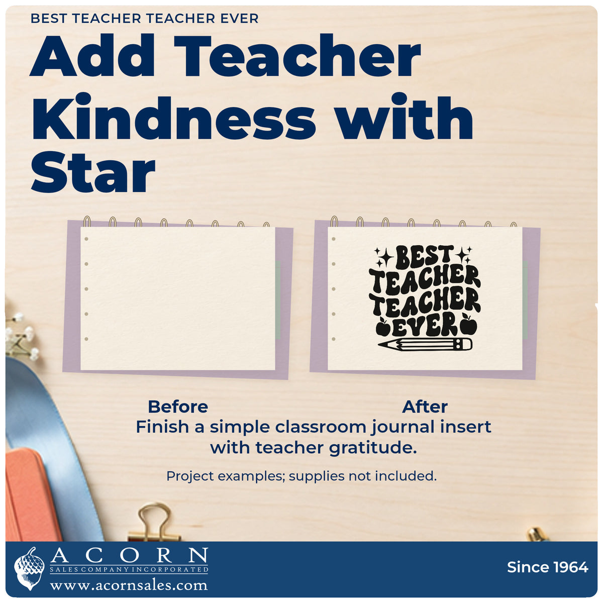 Before and after of a plain item finished with the Best Teacher Teacher Ever PSI Pre-Inked Stamp, a quick upgrade for envelope seals.