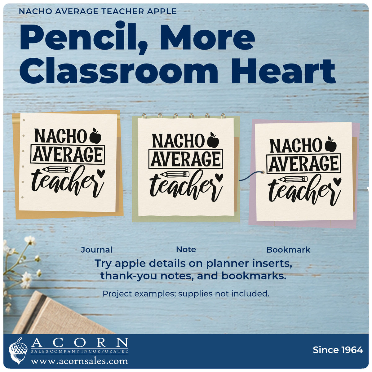 Three project examples made with the Nacho Average Teacher Apple Pencil Hand Stamp – Duo, including nacho tray labels.