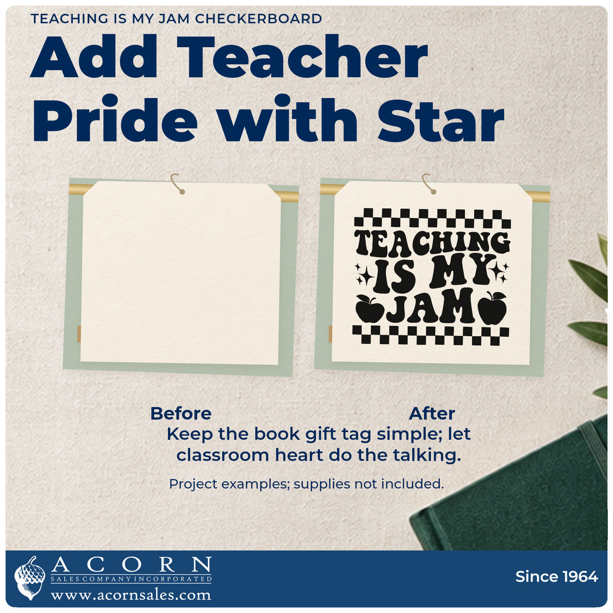Before and after of a plain item finished with the Teaching Is My Jam Checkerboard Rubber Stamp – Duo Hand, a quick upgrade for paper straw seals.