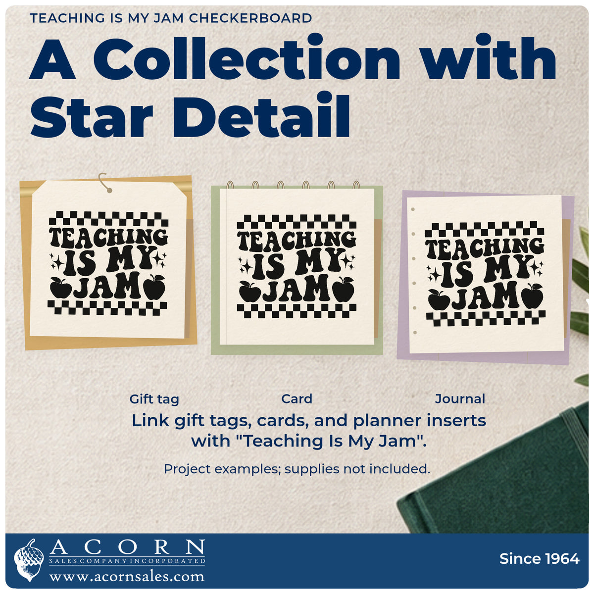 Three project examples made with the Teaching Is My Jam Checkerboard PSI Pre-Inked Stamp, including sundae cup labels.