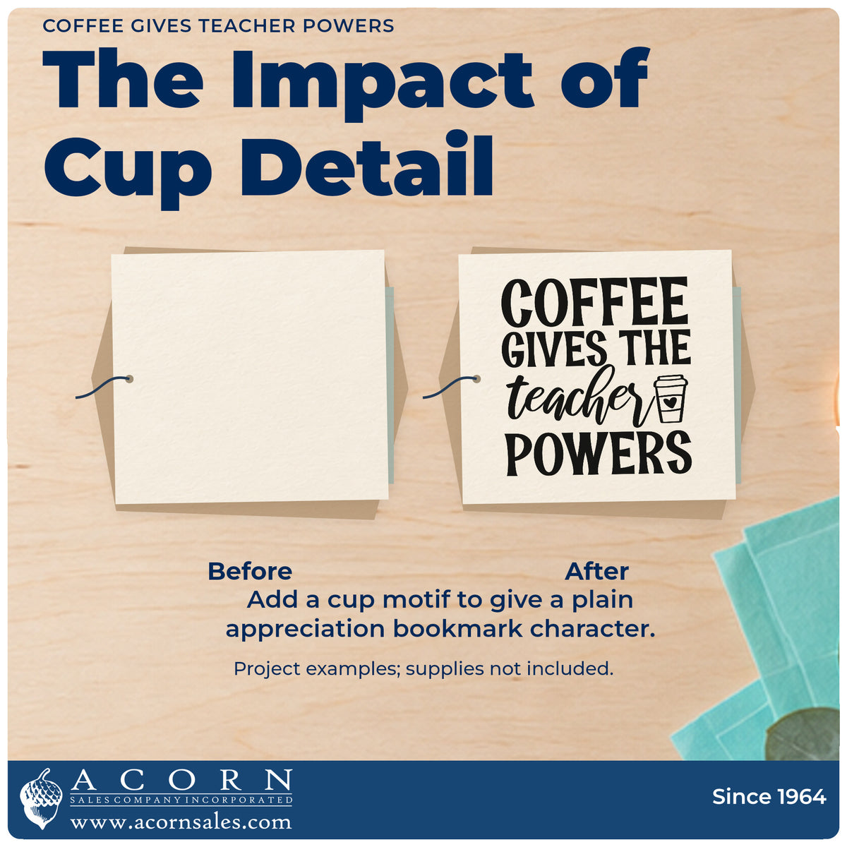 Before and after of a plain item finished with the Teacher Powers Fueled By Coffee Rubber Stamp – Duo Hand, a quick upgrade for sachet strip seals.