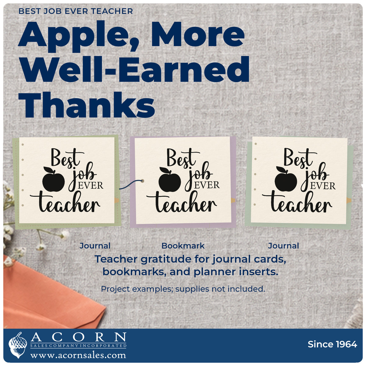 Three project examples made with the Best Job Ever Teacher Apple Premium Wooden Stamp – Vintage Pro, including desk plaque labels.