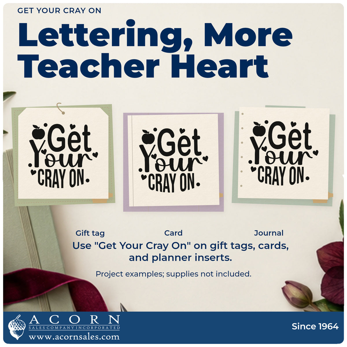 Three project examples made with the Get Your Cray On Apple Rubber Stamp – Duo Hand, including wax tub labels.