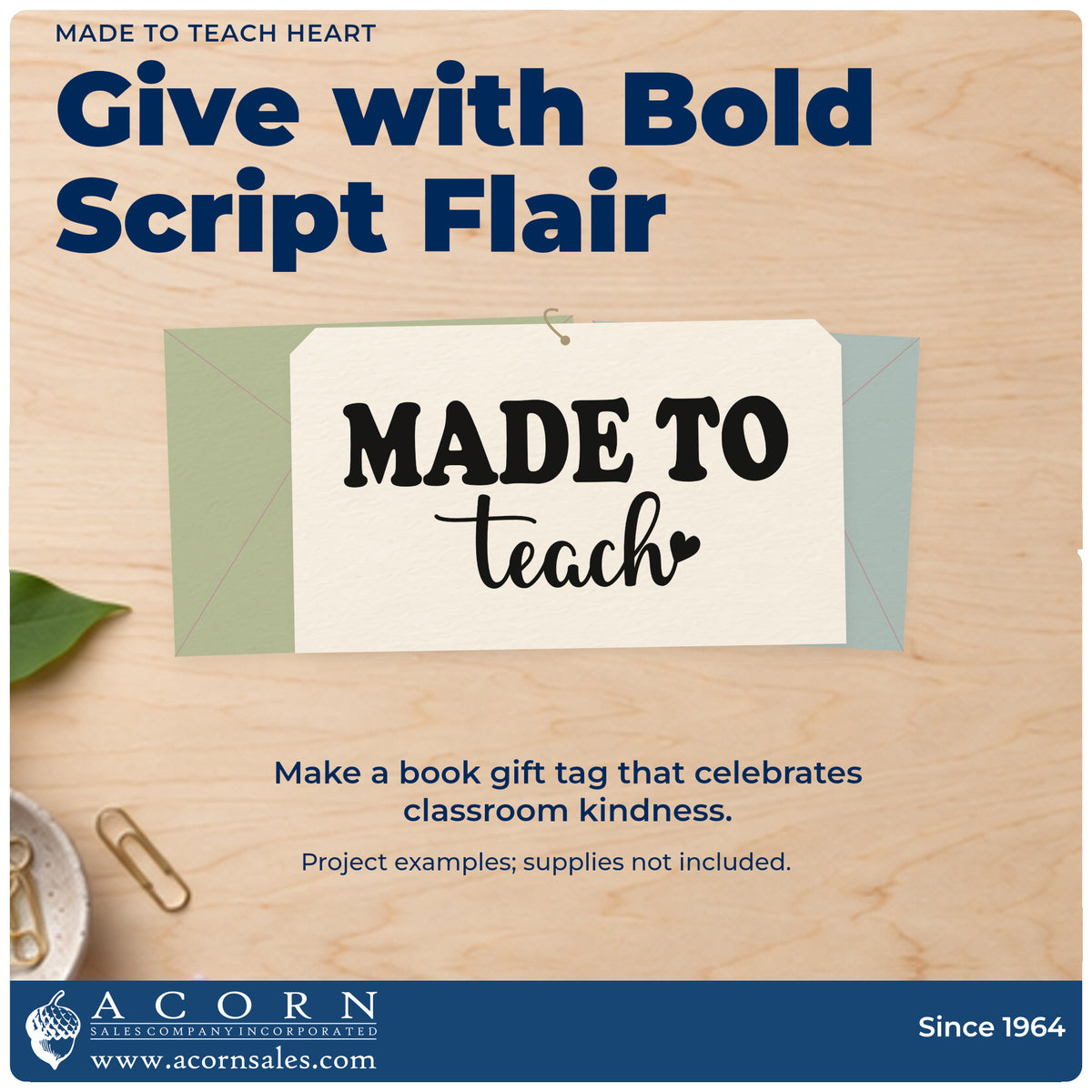 A finished handmade project stamped with the Made To Teach Heart Script Lettering Rubber Stamp – Wood Handle, ideal for vocation gift tags.