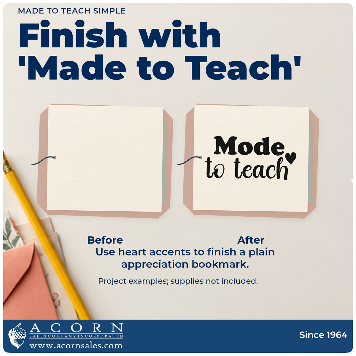 Before and after of a plain item finished with the Made To Teach Stamp – Premium Vintage Pro Wooden, a quick upgrade for print pack seals.