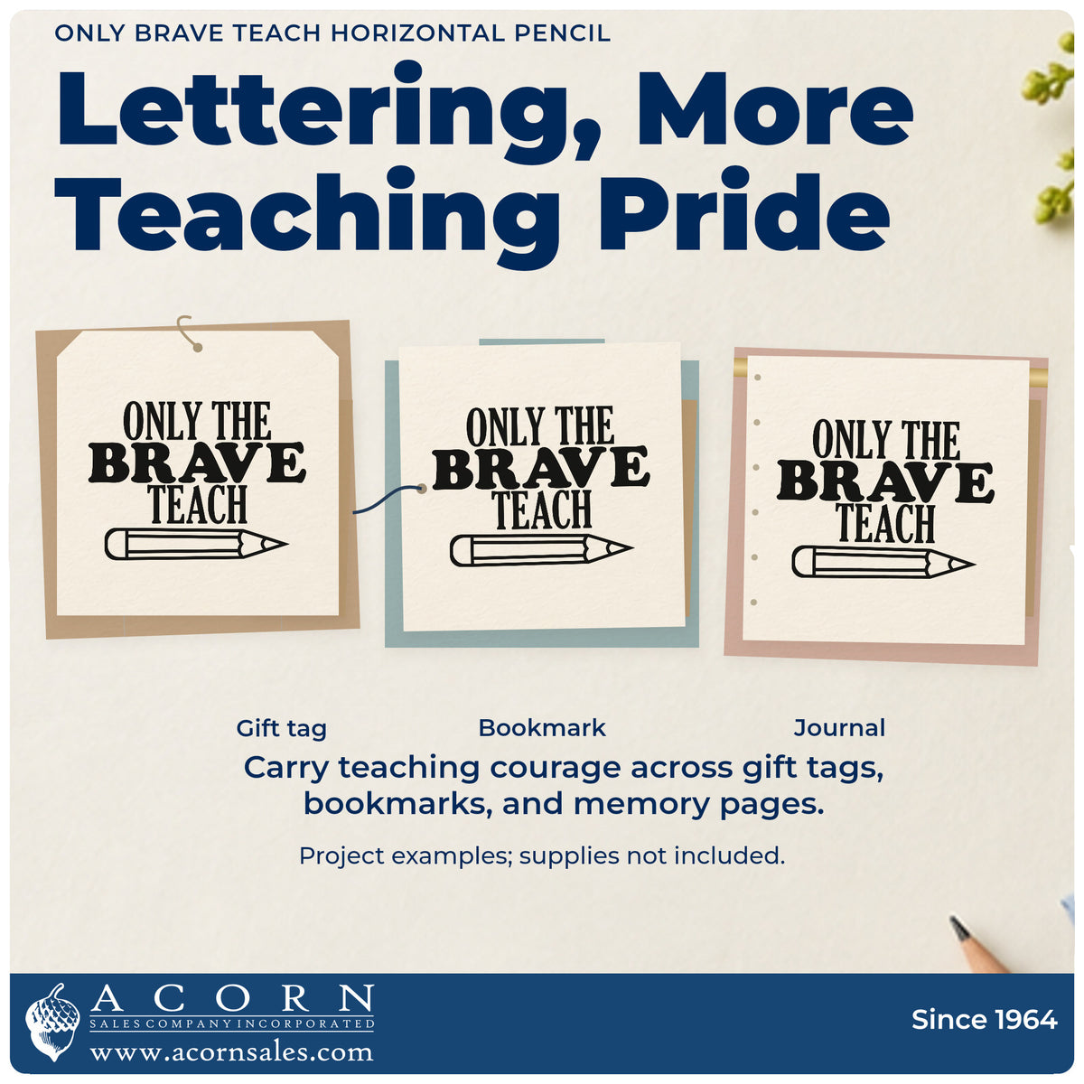 Three project examples made with the Duo Hand Only Brave Teach Horizontal Pencil Rubber Stamp, including shelf edge labels.