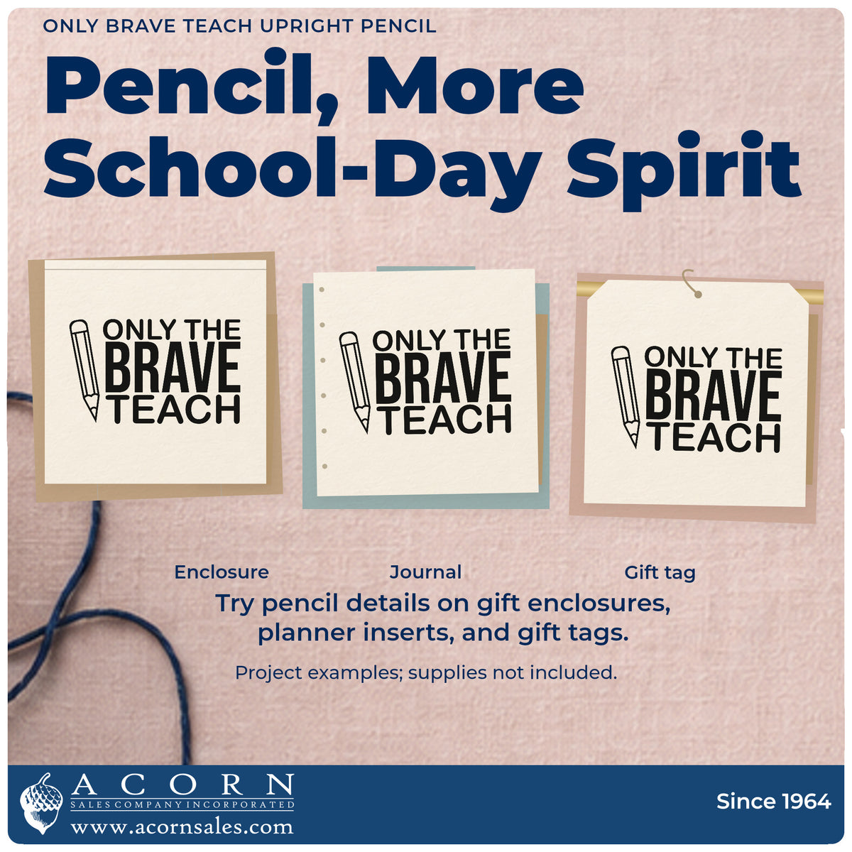Three project examples made with the Only Brave Teach Upright Pencil Outline Detail Stamp – Premium Vintage Pro Wooden, including pen pot labels.