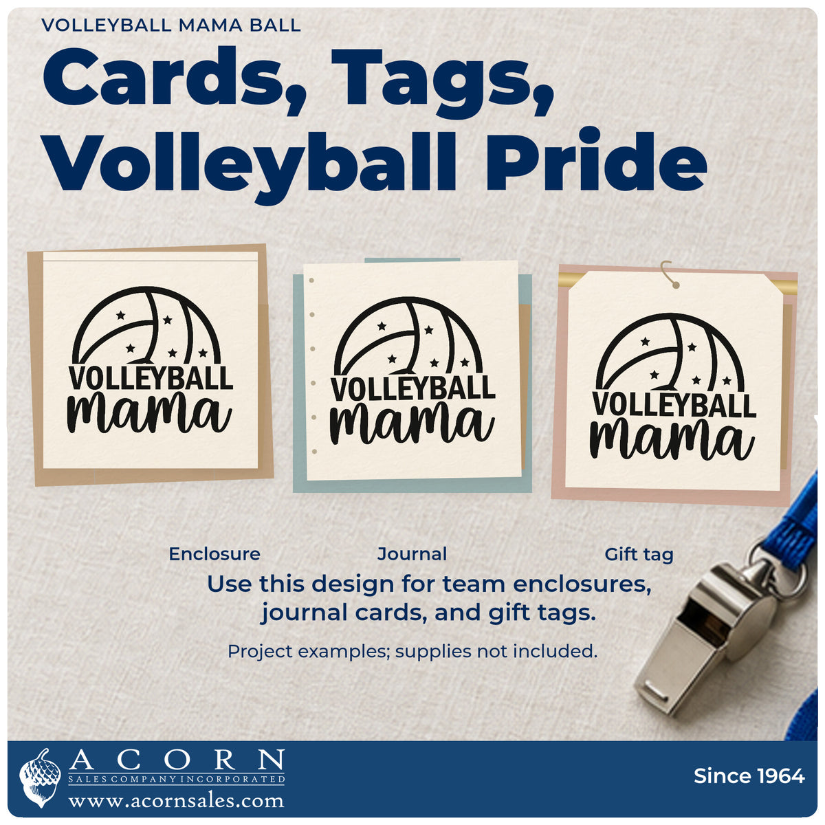 Three project examples made with the Volleyball Mama Ball With Stars Premium Wooden Stamp – Vintage Pro, including snack bin labels.