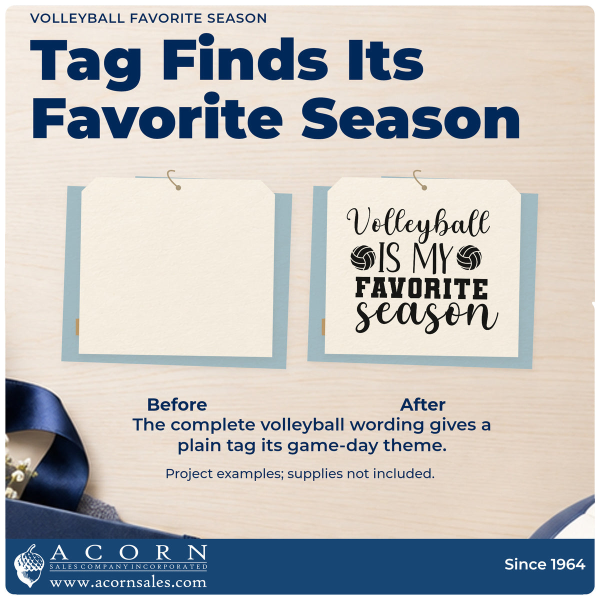 Before and after of a plain item finished with the Volleyball Is My Favorite Season Self-Inking Stamp, a quick upgrade for fixture pack seals.