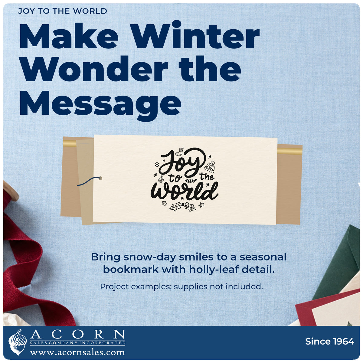 A finished handmade project stamped with the Joy To The World Slim Pre-Inked Stamp, ideal for holiday gift wrap.