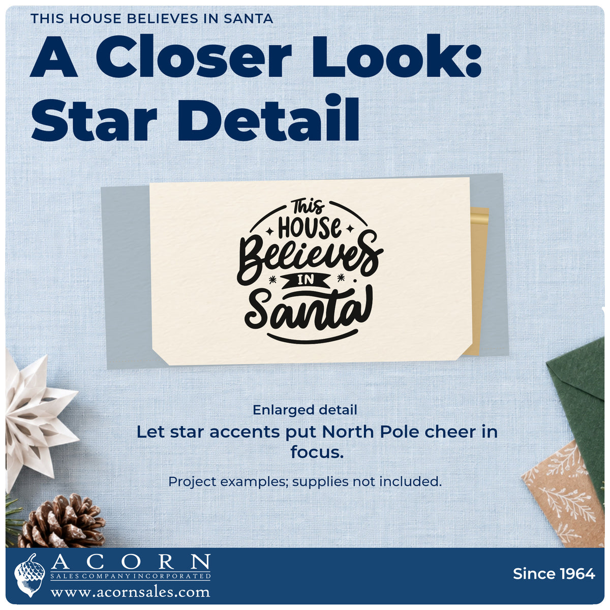 Enlarged detail of the Premium Wooden This House Believes In Santa With Stars Stamp – Vintage Pro imprint. “This House Believes in Santa” is framed by curved lines and small star accents.