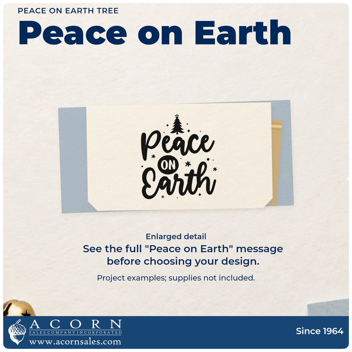 Enlarged detail of the Peace On Earth Tree Wood Handle Stamp imprint. “Peace on Earth” appears with a small Christmas tree and scattered stars and dots.