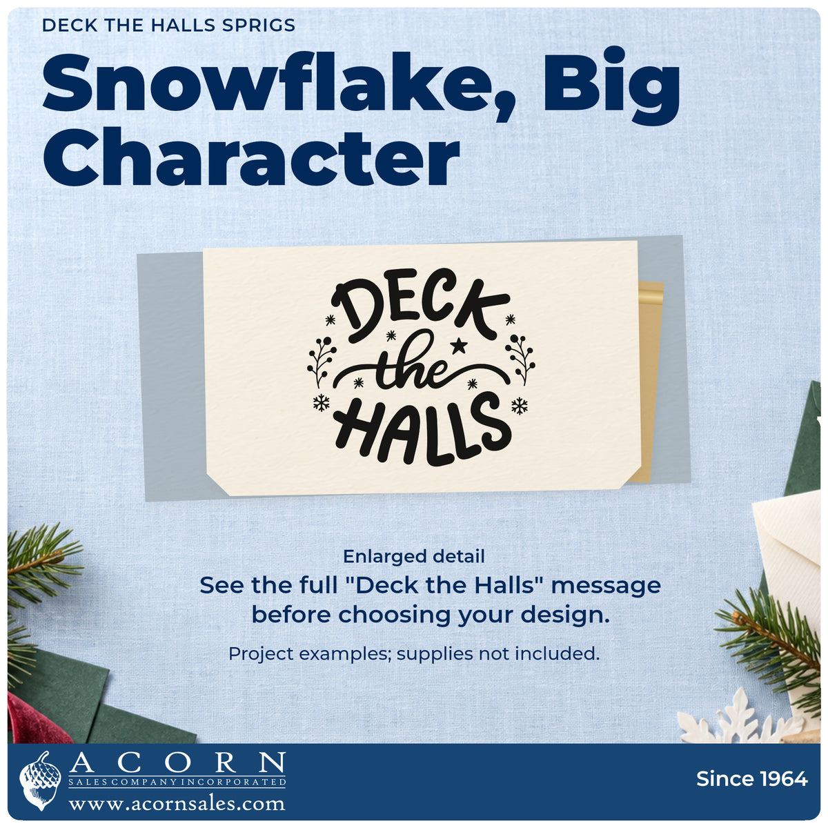 Enlarged detail of the Deck The Halls Sprigs Slim Pre-Inked Stamp imprint. “Deck the Halls” features stars, snowflakes, and leafy branches.