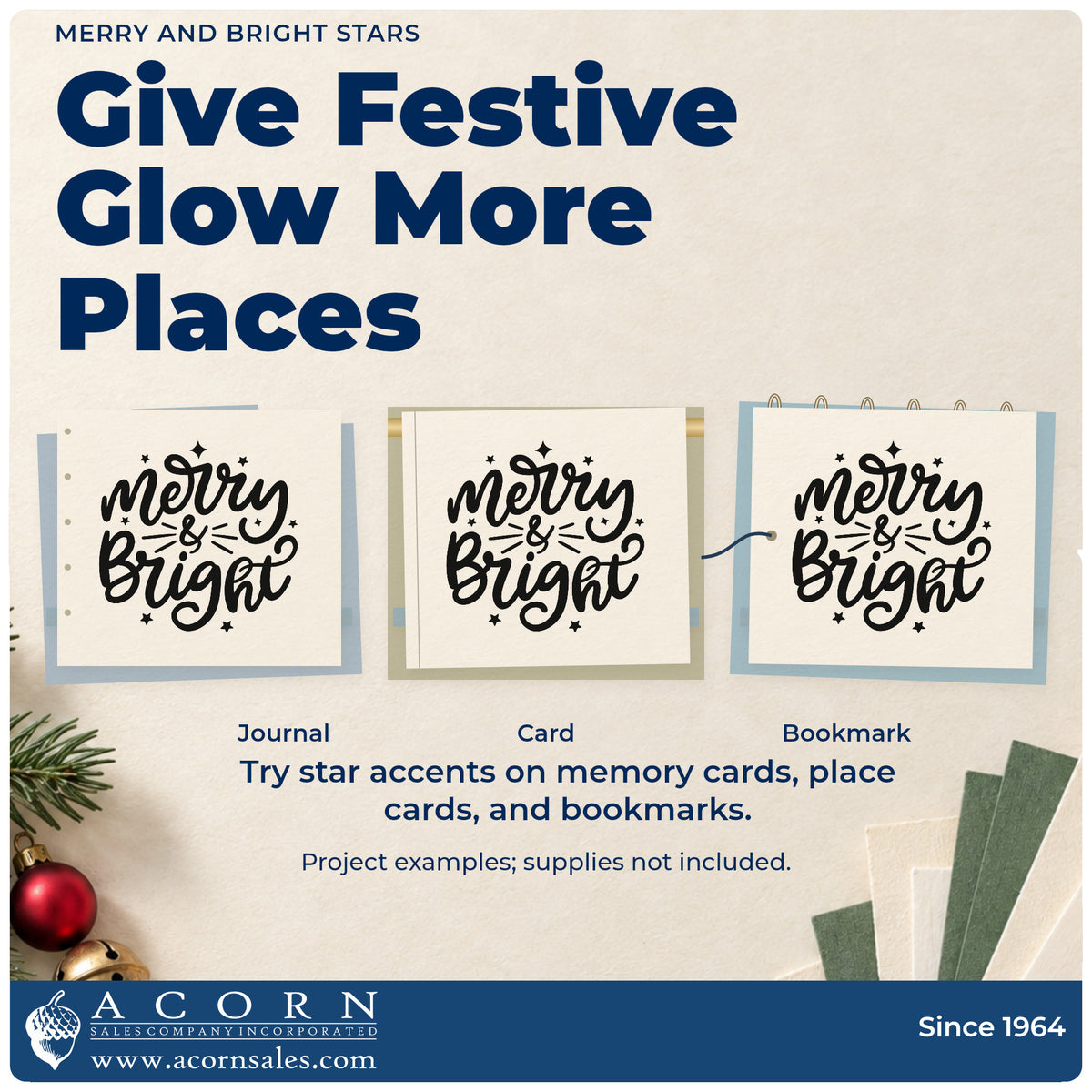 Three project examples made with the Merry & Bright Stamp – Self-Inking, including lantern jar labels.