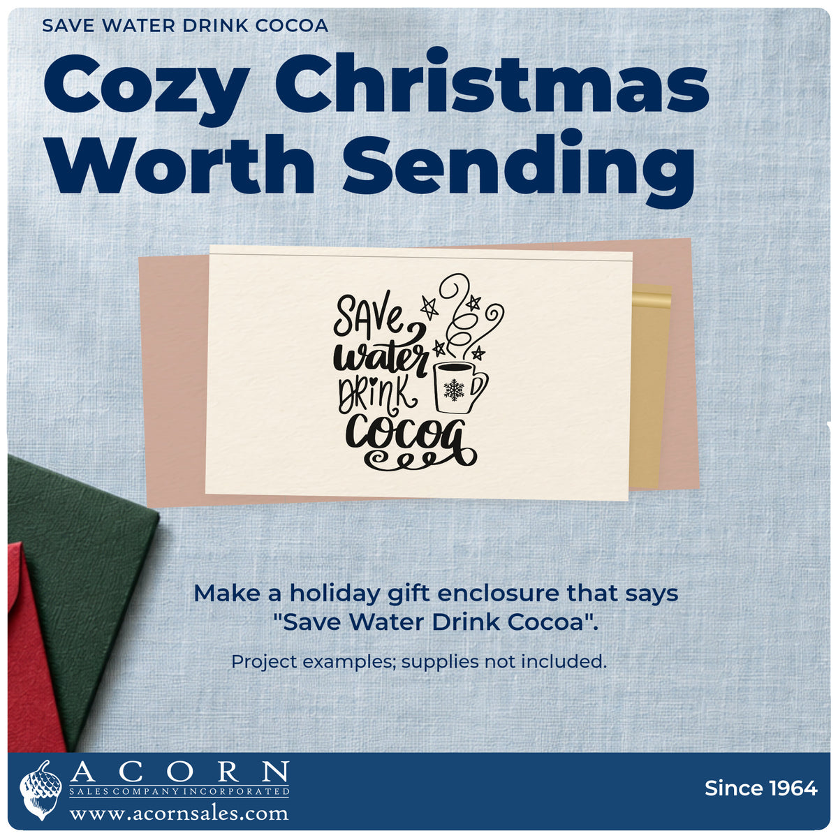 A finished handmade project stamped with the Save Water Drink Cocoa Rubber Stamp – Duo Hand, ideal for cocoa kit tags.