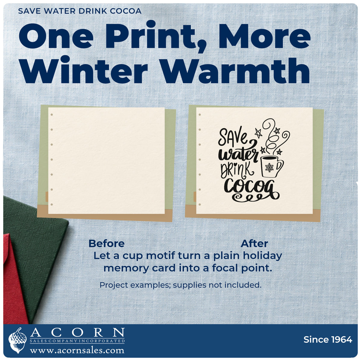 Before and after of a plain item finished with the Save Water Drink Cocoa Compact Pre-Inked Stamp – Slim, a quick upgrade for sachet pack seals.