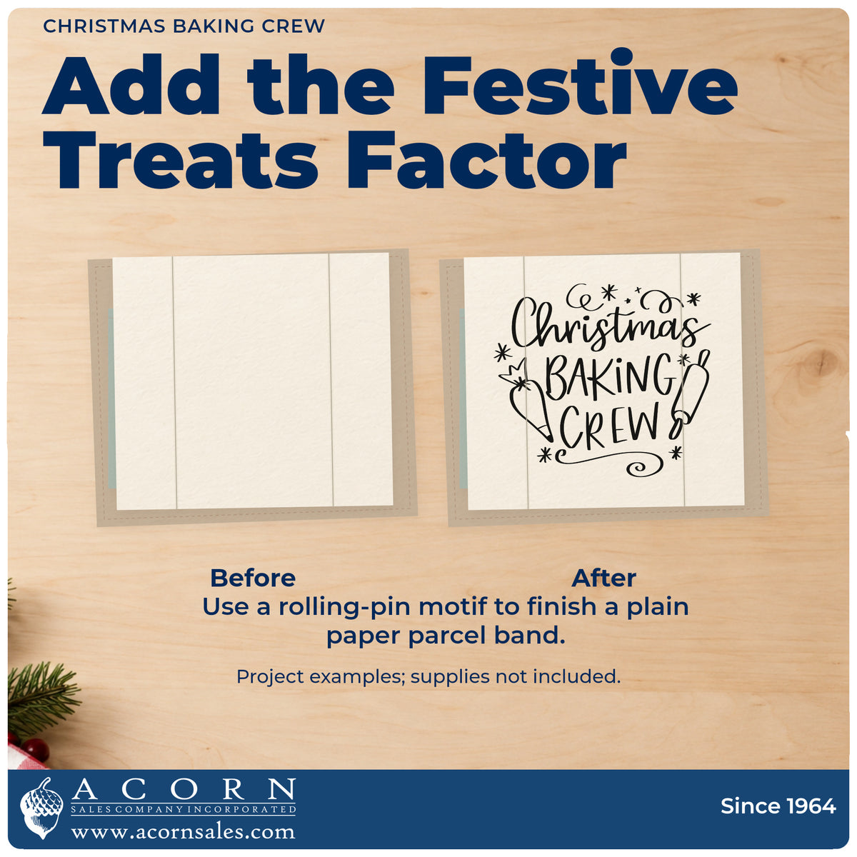 Before and after of a plain item finished with the PSI Pre-Inked Christmas Baking Crew Rolling Pin Stamp, a quick upgrade for biscuit bag seals.
