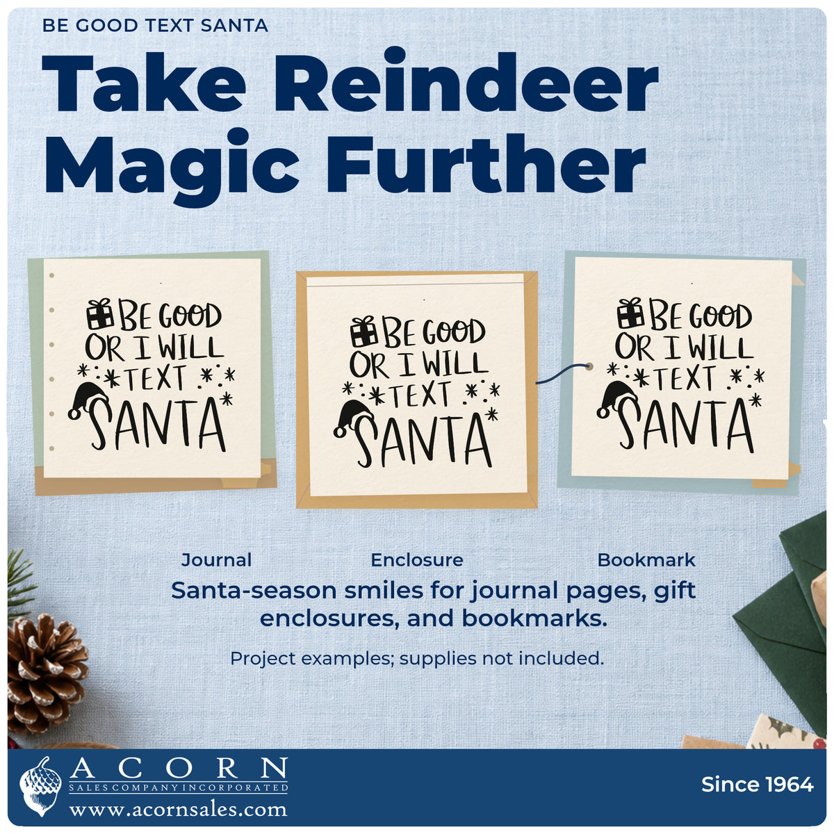 Three project examples made with the Wood Handle Be Good Text Santa Rubber Stamp, including treat jar labels.