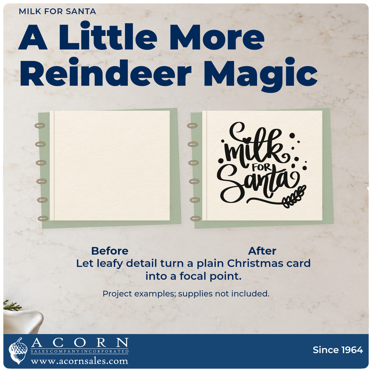 Before and after of a plain item finished with the Milk For Santa Botanical Sprig Stamp – Premium Vintage Pro Wooden, a quick upgrade for mince pie seals.
