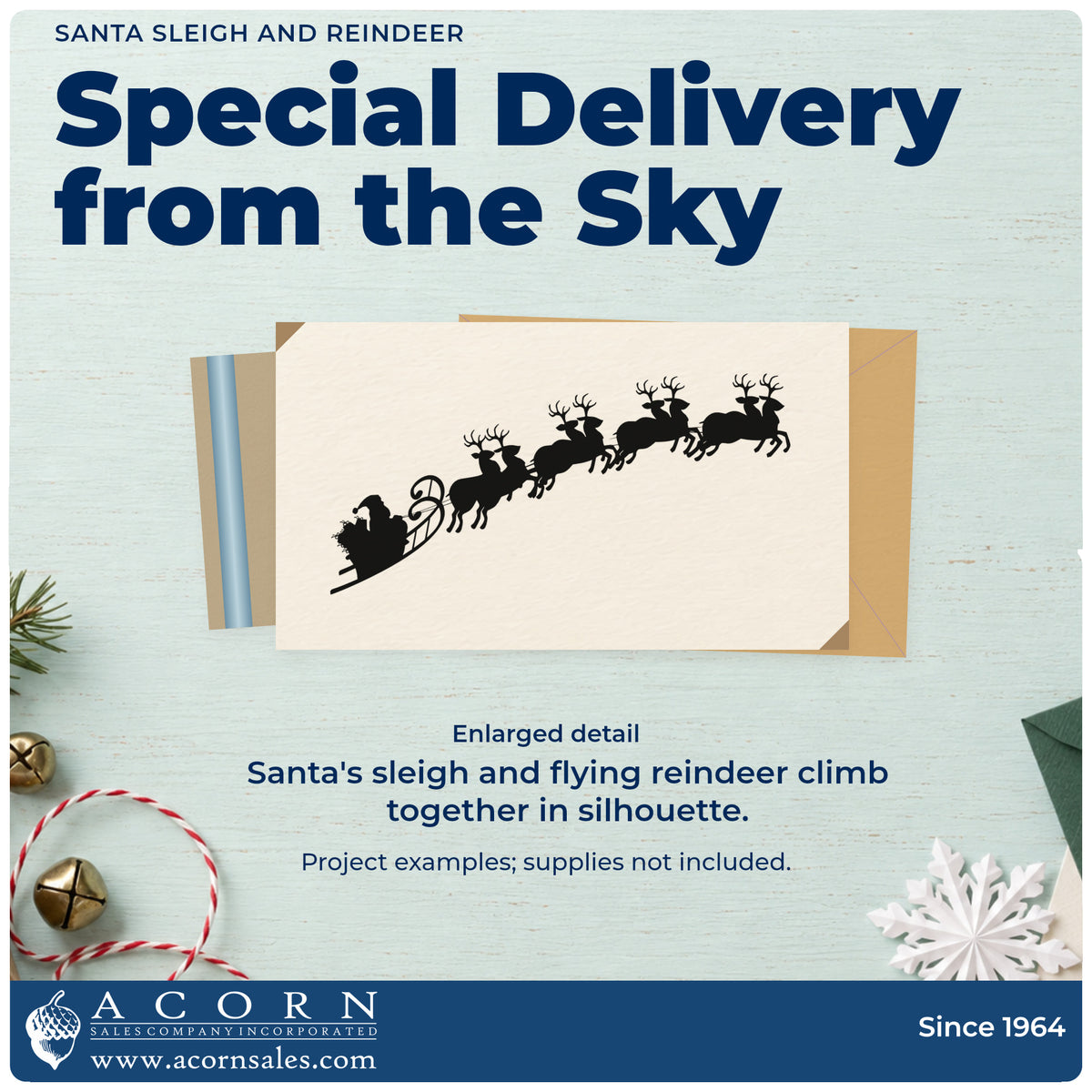 Enlarged detail of the Reindeer And Santa Sleigh Scene Self-Inking Stamp imprint. A silhouette of Santa's sleigh is pulled upward by a team of flying reindeer.