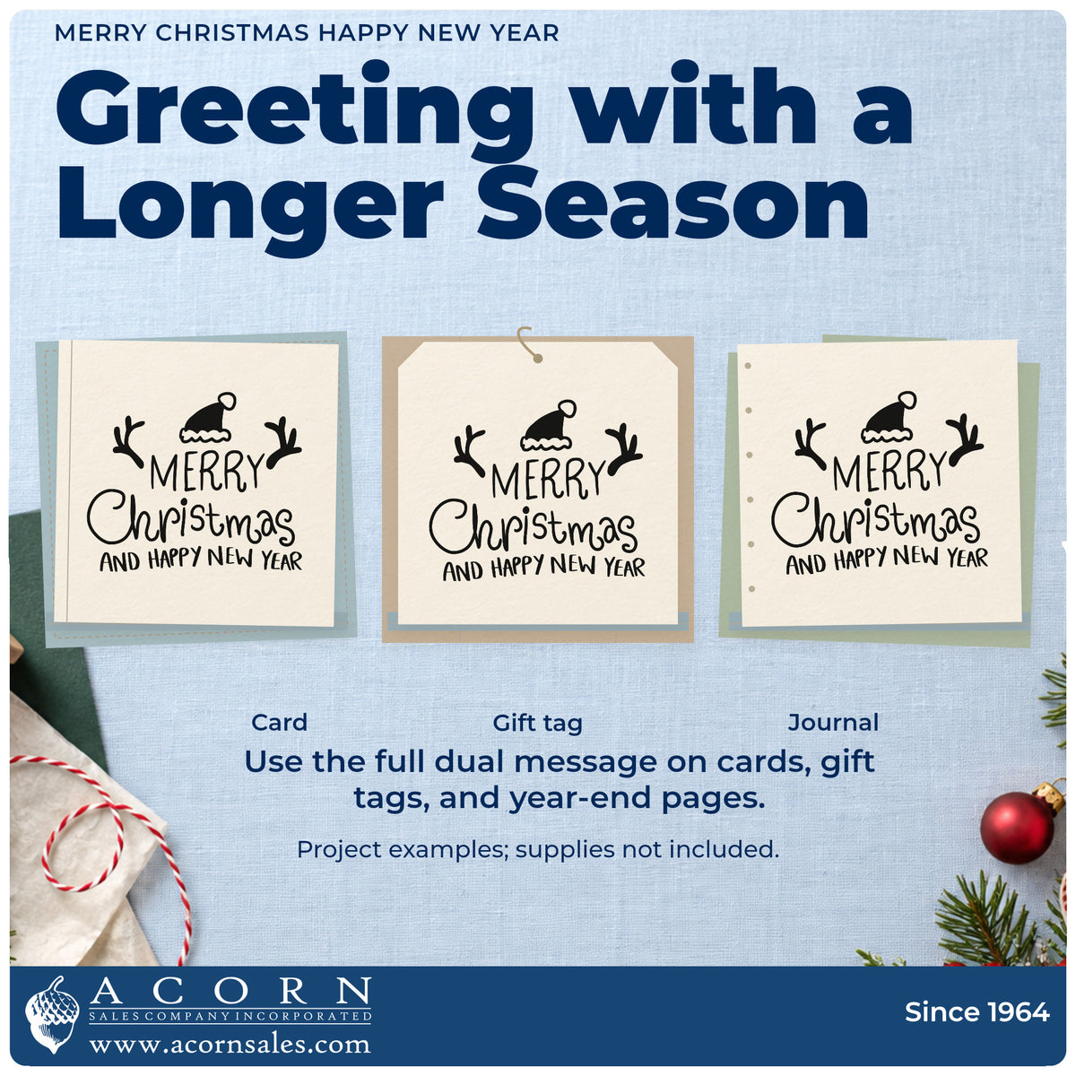 Three project examples made with the Merry Christmas Happy New Year Slim Pre-Inked Stamp, including hamper slot labels.