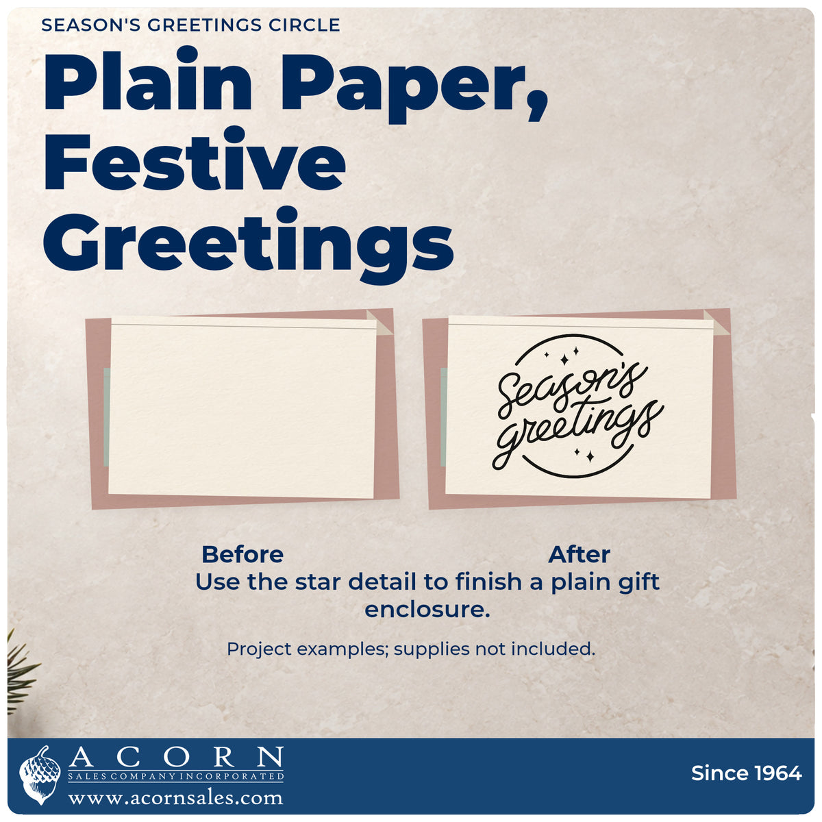 Before and after of a plain item finished with the Season's Greetings Hand Stamp – Duo, a quick upgrade for envelope flap seals.