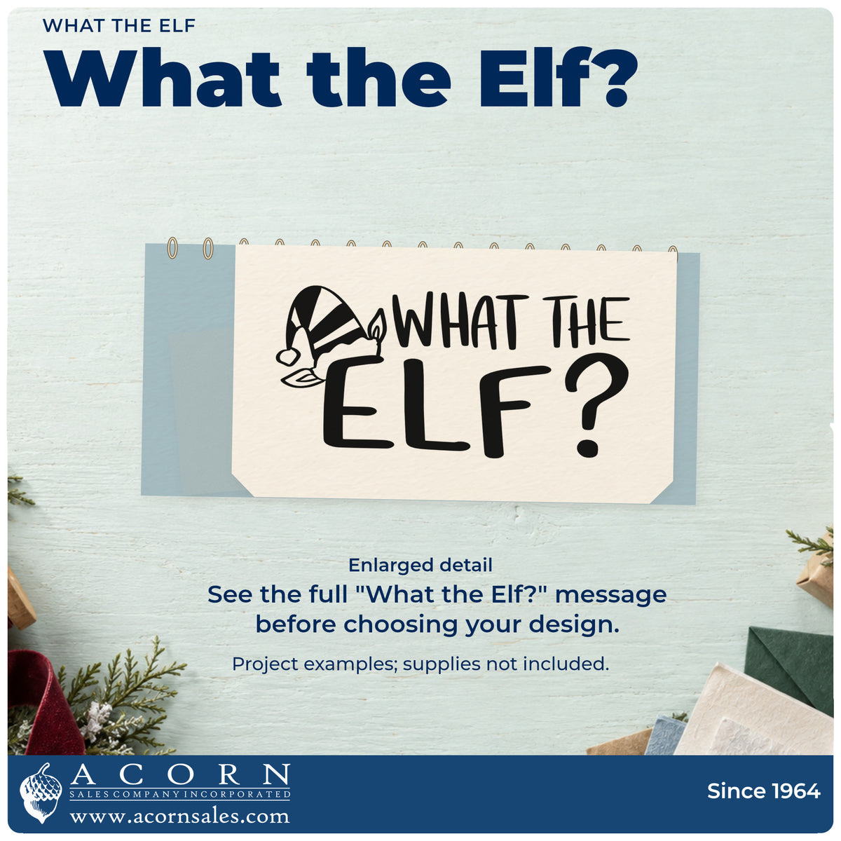 Enlarged detail of the What The Elf Rubber Stamp – Wood Handle imprint. “What the Elf?” is accented with a striped elf hat.