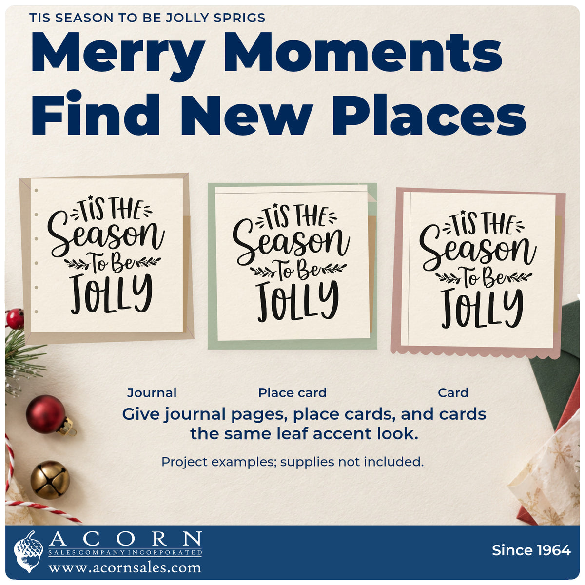 Three project examples made with the Tis Season To Be Jolly Sprigs Self-Inking Stamp, including floral foam labels.