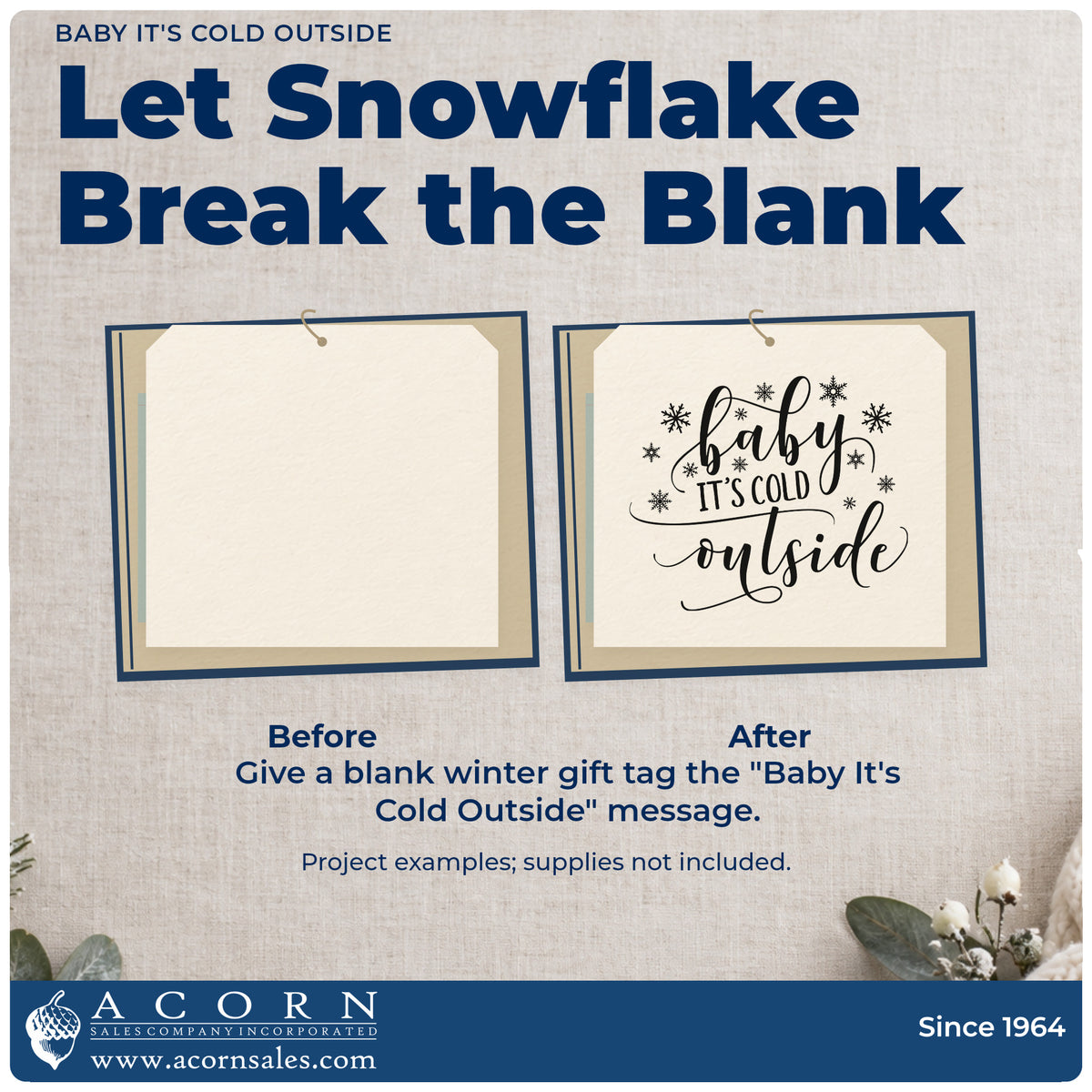 Before and after of a plain item finished with the Baby It's Cold Outside Rubber Stamp – Duo Hand, a quick upgrade for coffee shop cup sleeves.