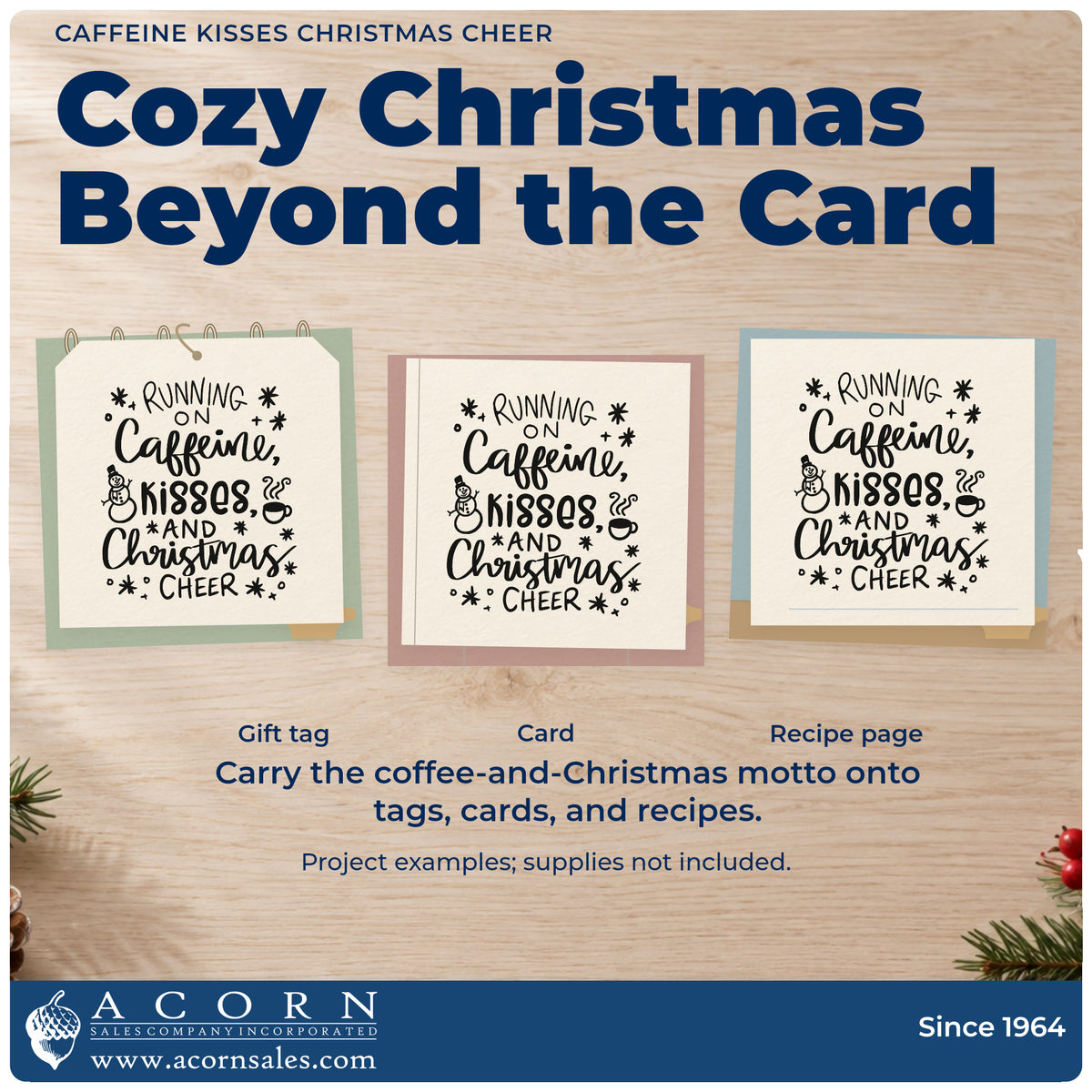 Three project examples made with the Caffeine Kisses Christmas Cheer Hand Stamp – Duo, including planner week header.