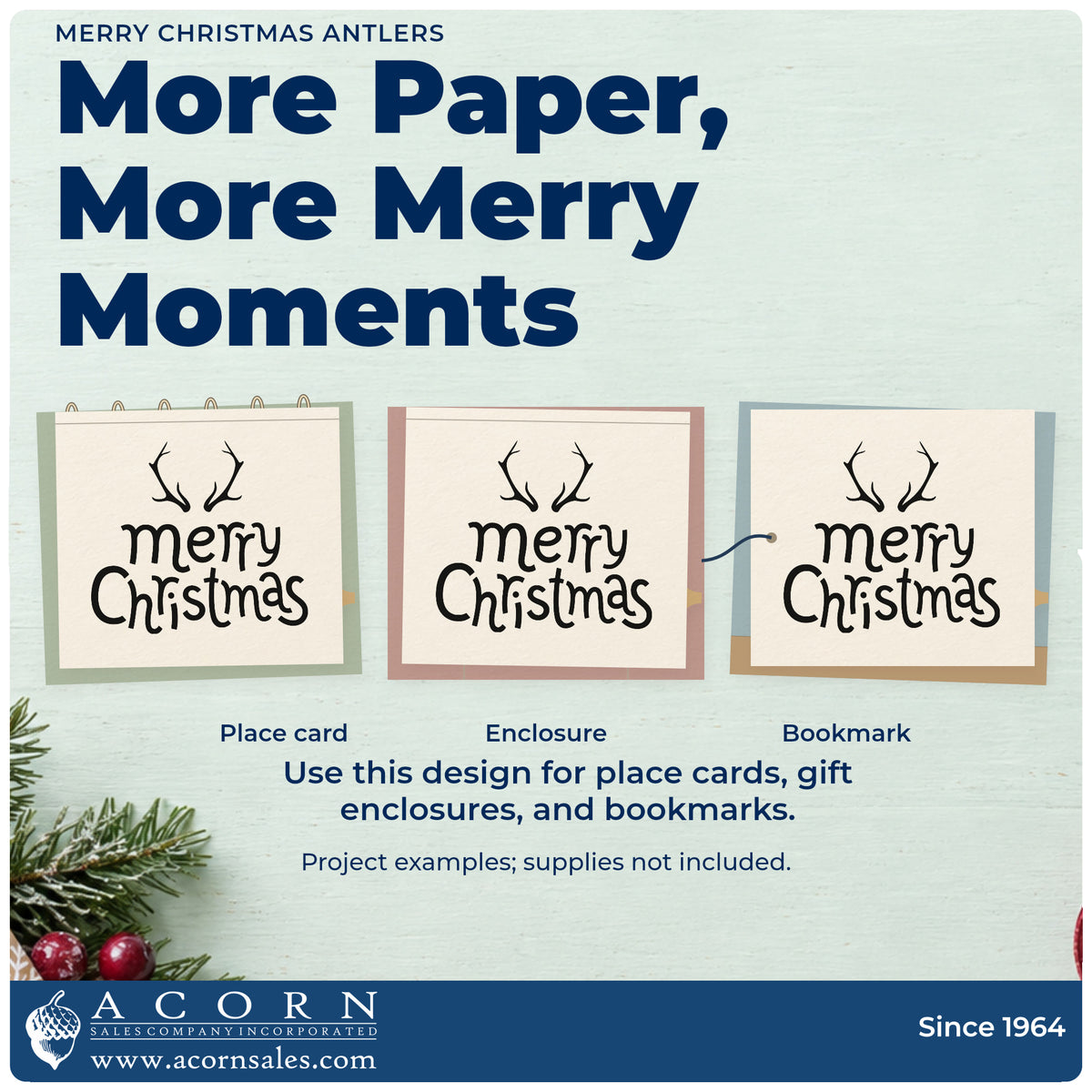 Three project examples made with the Merry Christmas Antlers Lettering Stamp – Self-Inking, including nature walk journal.