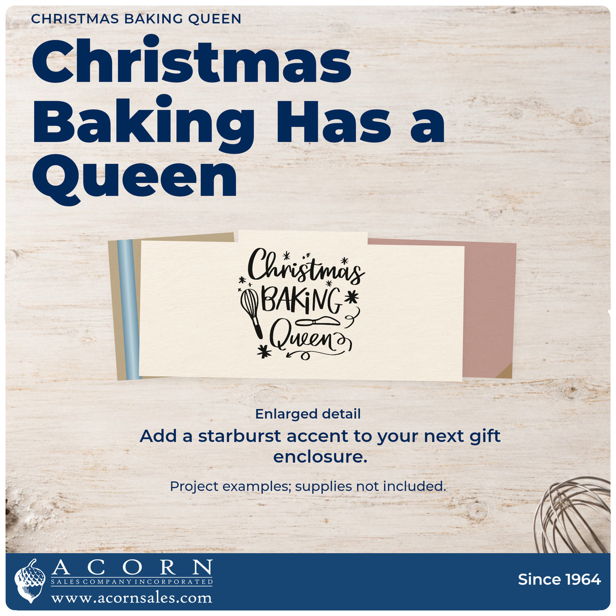 Enlarged detail of the Christmas Baking Queen Whisk And Server Rubber Stamp – Wood Handle imprint. “Christmas Baking Queen” features a whisk, a cake server, starbursts, and decorative curls.