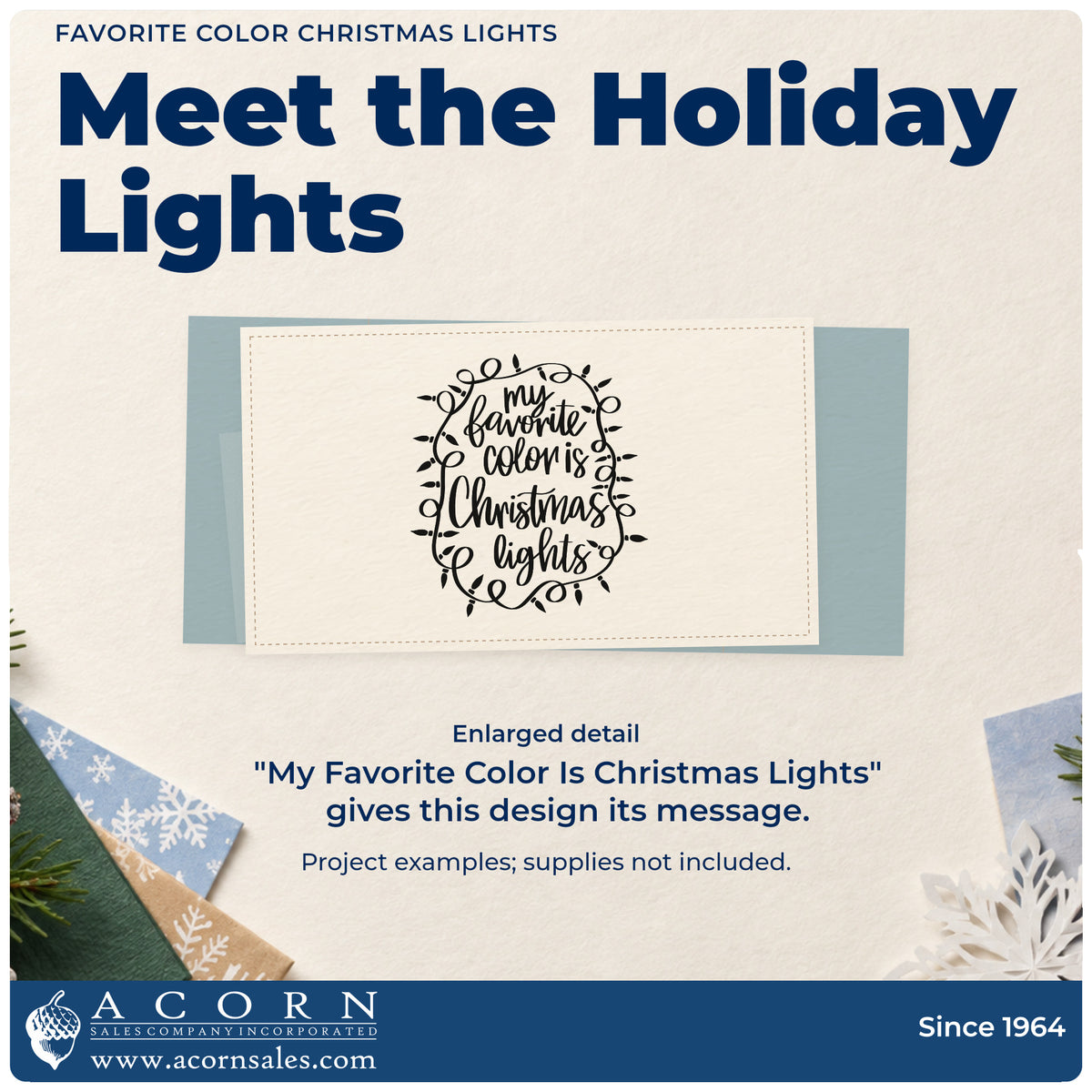 Enlarged detail of the Favorite Color Christmas Lights Rubber Stamp – Wood Handle imprint. “My Favorite Color Is Christmas Lights” sits inside a looping strand of holiday bulbs.