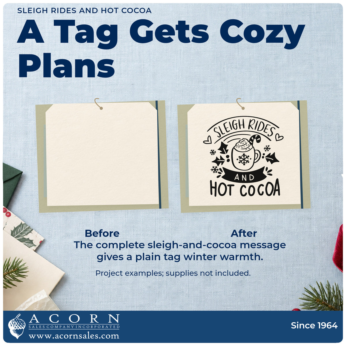Before and after of a plain item finished with the Sleigh Rides And Hot Cocoa Snowflakes Pre-Inked Stamp – Slim, a quick upgrade for framed tack room art.