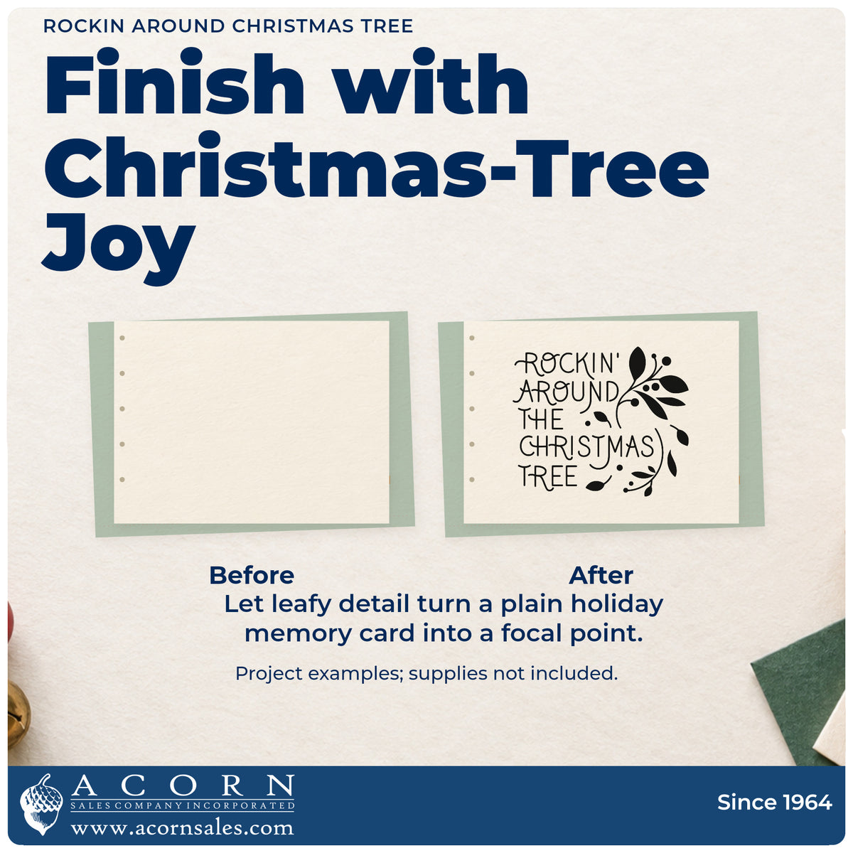 Before and after of a plain item finished with the Rockin' Around The Christmas Tree PSI Pre-Inked Stamp, a quick upgrade for framed rec room wall.