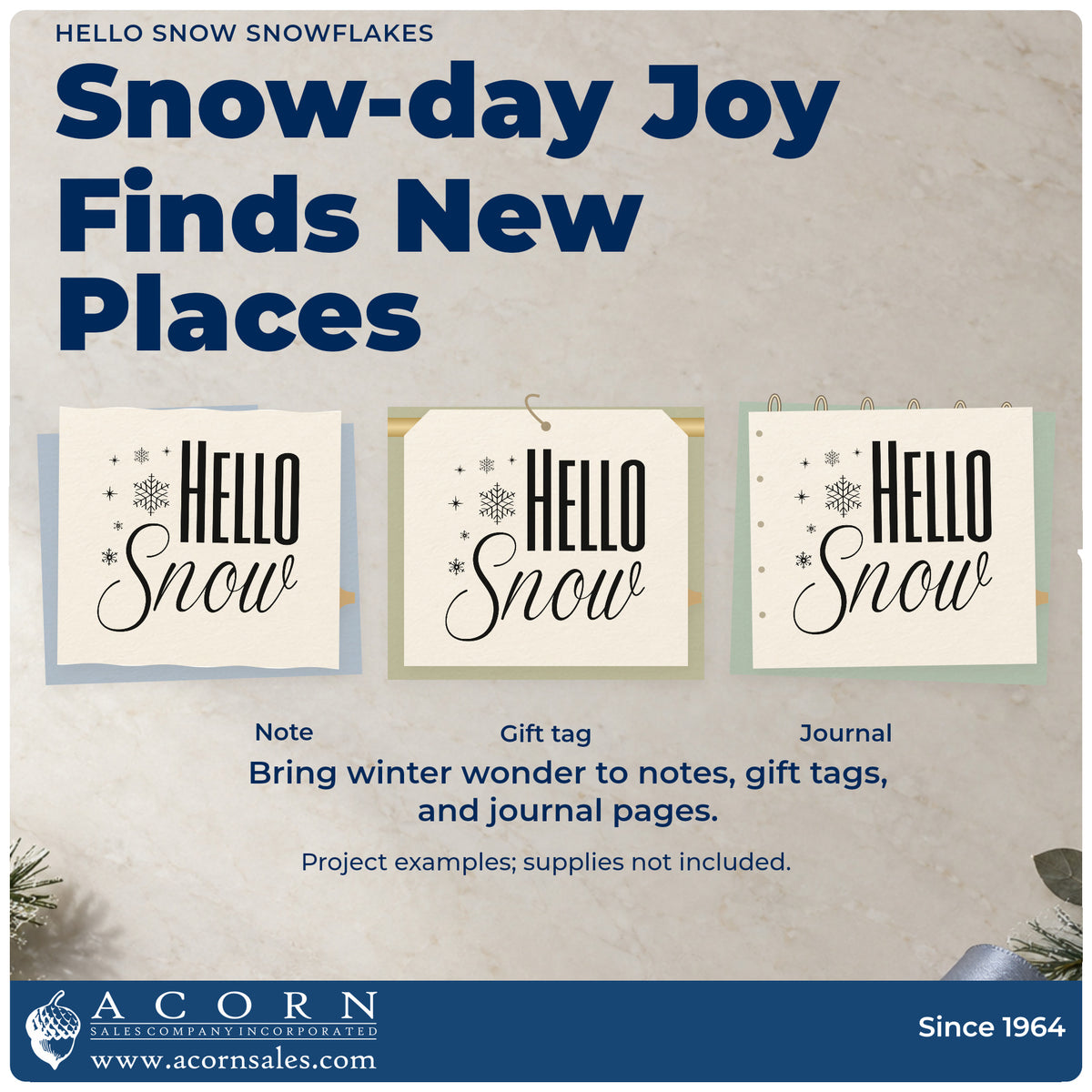 Three project examples made with the Self-Inking Hello Snow Snowflakes Stamp, including bullet journal spread.