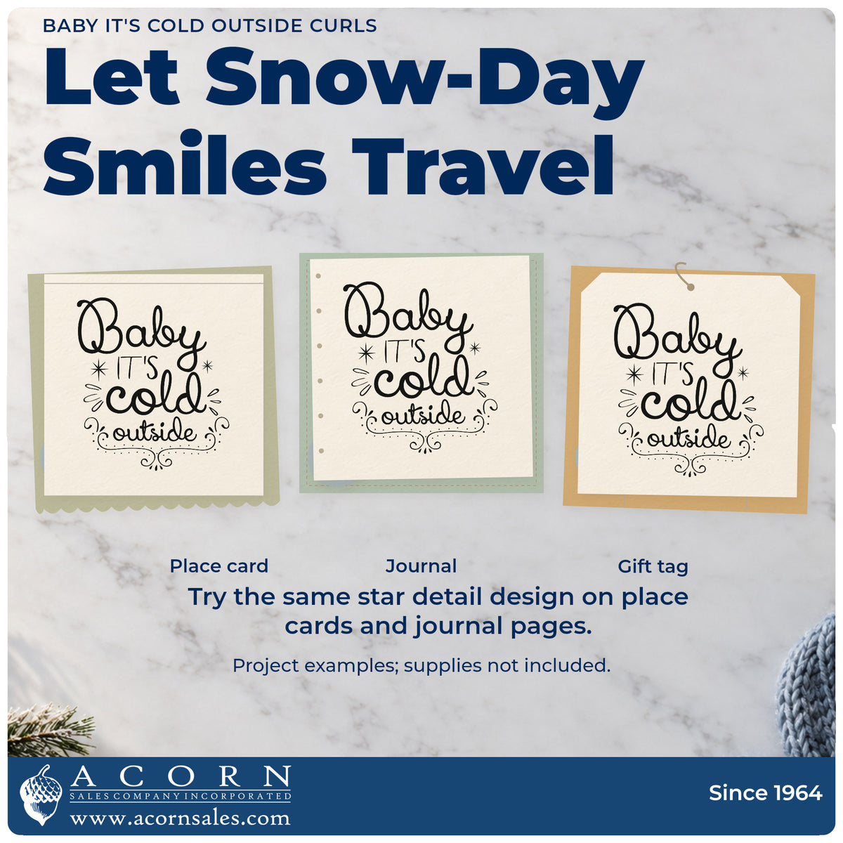 Three project examples made with the Baby It's Cold Outside Curls Premium Wooden Stamp – Vintage Pro, including fireside journal page.