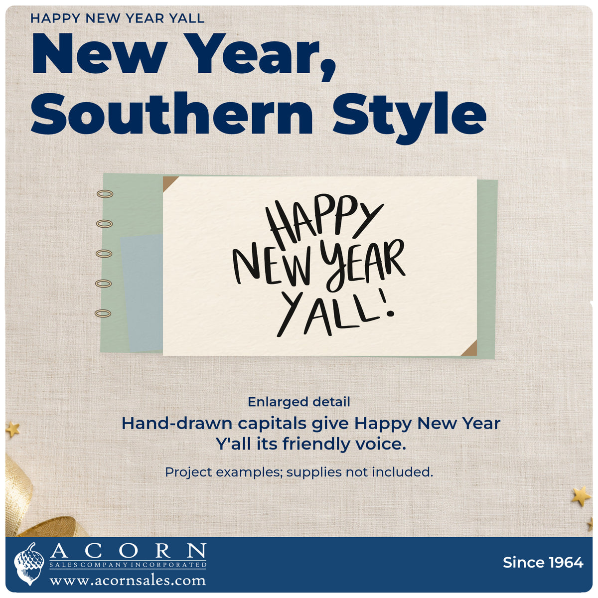Enlarged detail of the Happy New Year Yall Block Lettering Premium Wooden Stamp – Vintage Pro imprint. “Happy New Year Y'all!” appears in loose hand-drawn capitals.