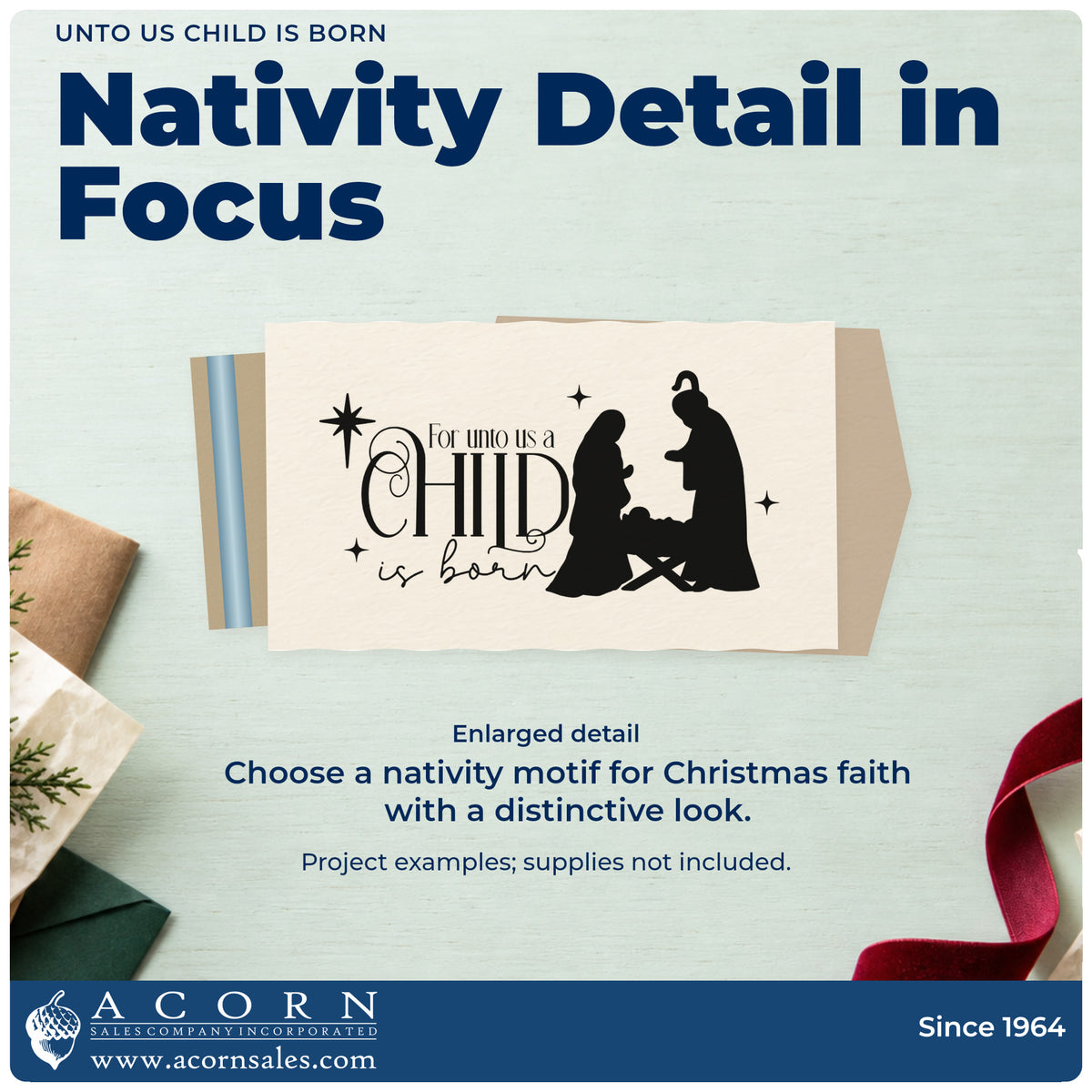 Enlarged detail of the For Unto Us A Child Is Born Self-Inking Stamp imprint. “For Unto Us a Child Is Born” appears beside a kneeling nativity silhouette and stars.