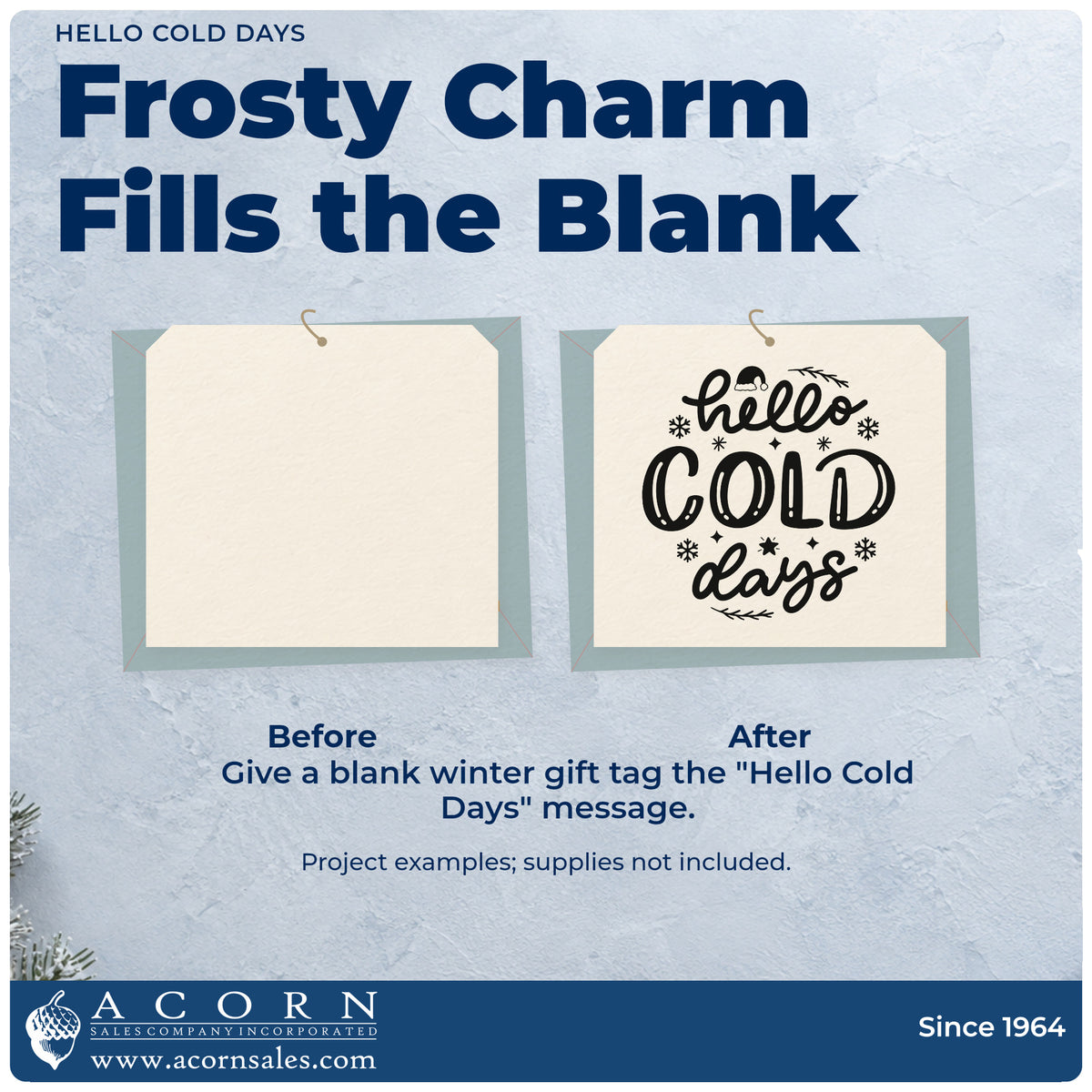 Before and after of a plain item finished with the Hello Cold Days Winter Hat PSI Pre-Inked Stamp, a quick upgrade for framed shop window.