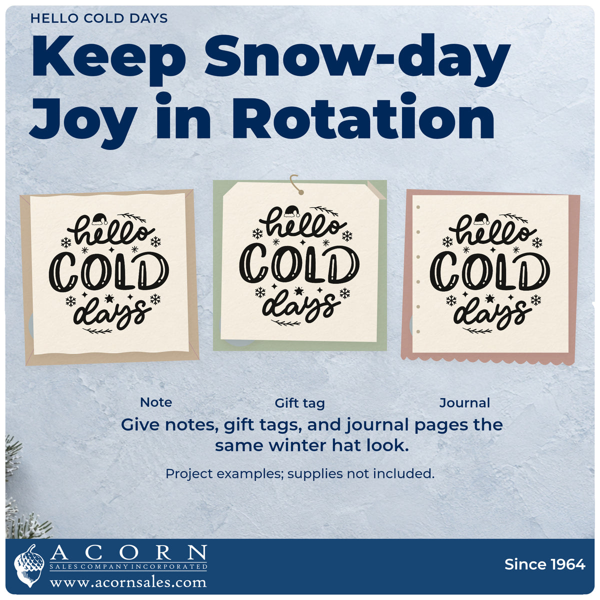 Three project examples made with the Hello Cold Days Winter Hat Rubber Stamp – Duo Hand, including layering list sheet.